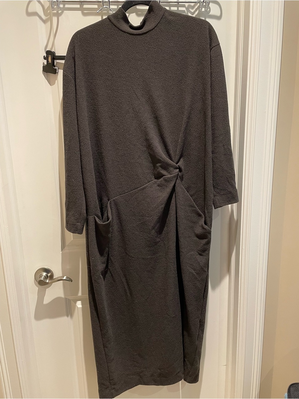 Knot-Pleat Midi Dress in Dark Brown